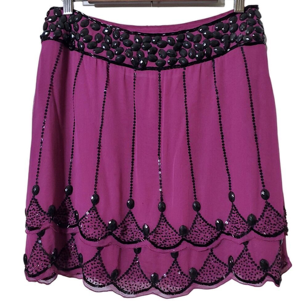 American Retro Paris Silk Curtains Skirt Size 40 Purple Beaded Scalloped Womens